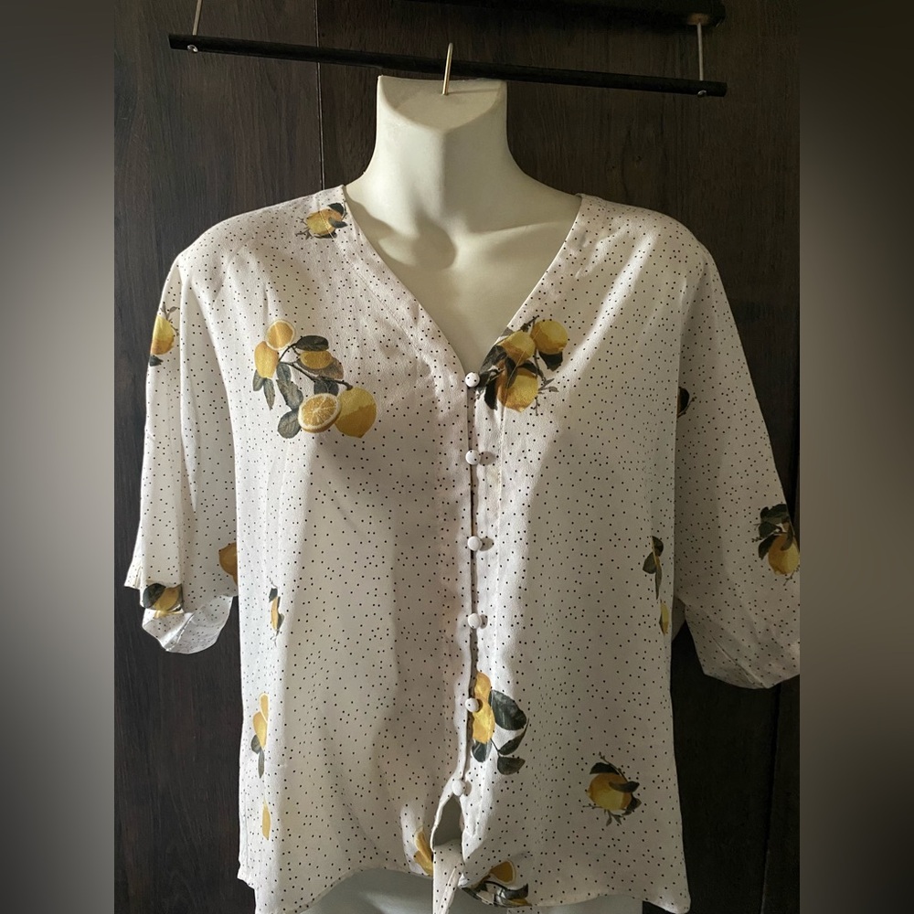 Elegant Lemon Print V-Neck Blouse